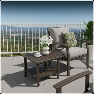 19" Square Black/Brown Metal Outdoor Side Table, 2-Tier All-Weather Patio End Table
