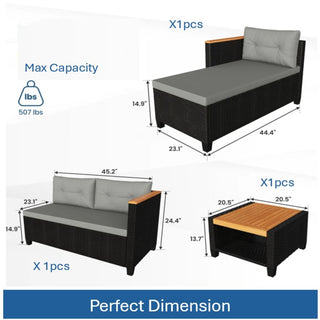 3-Piece L-Shaped Wicker Patio Set with Beige/Gray Cushions and Acacia Wood Storage Table