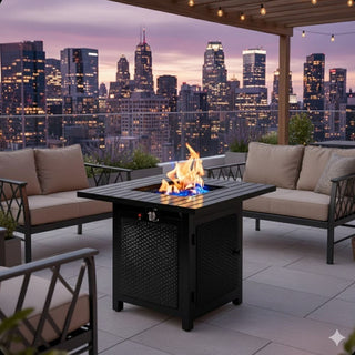 30”Width Outdoor 2-in1 Black Rattan Look Fireplace Table, 50000 BTU CSA Certified Propane Square Gas Fire Pit Table with Stainless Burner, Lid, Lava Rocks and Waterproof Cover