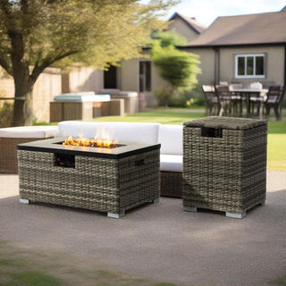 32" Propane Gas Fire Pit Table with Propane Tank Cover 2-Pieces, 50000 BTU Rectangular Steel Fire Pit with Beautiful Wicker Base for Outside Garden-Beige/Dark Gray