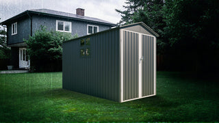 Motorcycle Outdoor Steel Storage Shed with Window, Tracks and Fixtures, Weather-Resistant Metal Bike Garage, Grey
