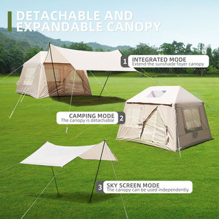 5.72m² Inflatable Glamping Tent with Pump, 4-Season Windproof Cotton Canvas Camping Tent with Mesh Windows
