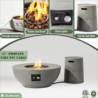 36" Propane Gas Fire Pit Table 2-Pieces, 50000 BTU Round Steel Fire Pit with Tank Holder for Outside Patio Deck Garden Backyard- Grey
