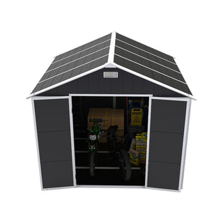 8X8 FT resin storage shed, high quality pp material with Lockable Door, strong structure, waterproof, rust and UV proof, large storage space, 12mm thick pp board, HD window lighting