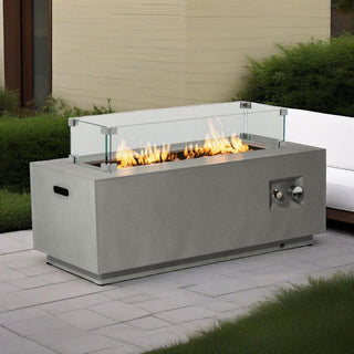 42" Propane Gas Fire Pit Table 2-Pieces, 50000 BTU Rectangular Steel Fire Pit with Glass Wind Guard for Outside Patio Deck Garden Courtyard -Light Gray