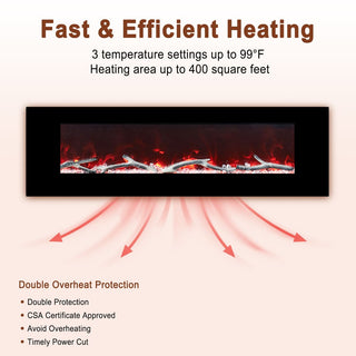 42/50/60/72 Inch Wall-Mounted Black Electric Fireplace Insert-5120 BTU with 2-Speaker Stereo Sound