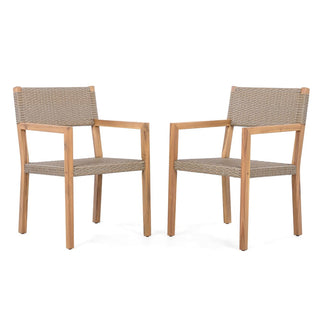 Outdoor Dining Chairs Set of 2, Light Teak Acacia Wood Frame and Multi Light Brown PE Wicker
