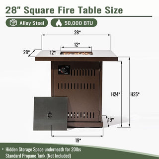 28" Propane Gas Fire Pit Table, 50000 BTU Square Steel Fire Pit for Outside Patio Deck Garden Courtyard-Brown