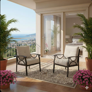 Set of 2 All-Weather Metal Armchairs, Black/Khaki Frame with Gray/Beige Cushions