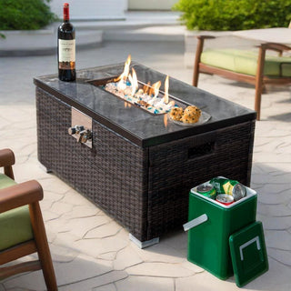 32" Propane Gas Fire Pit Table, 50000 BTU Rectangular Fire Pit, Tile Tabletop with Beautiful Wicker Base for Outside Patio Deck Garden Courtyard-Brown