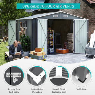 Outdoor Storage Shed 9×11 FT with 3 Lockable Doors,Utility Tool Shed Metal Storage Garden Sheds 4 Vents,Metal Sheds with Galvanized Steel Frame,for Backyard,Patio,Lawn,Grey
