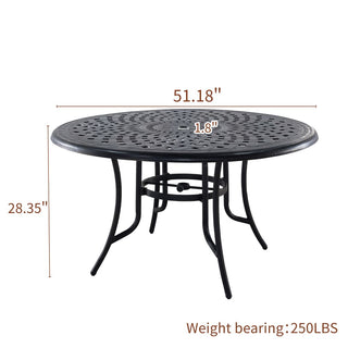 51" Round Cast Aluminum Outdoor Dining Table with Umbrella Hole – Patio Table for Porch & Backyard