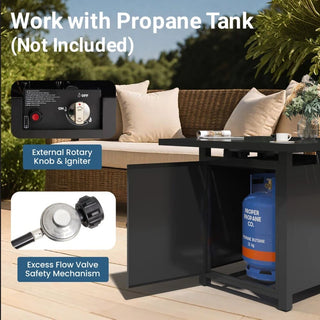 30”Width Outdoor 2-in1 Black Rattan Look Fireplace Table, 50000 BTU CSA Certified Propane Square Gas Fire Pit Table with Stainless Burner, Lid, Lava Rocks and Waterproof Cover
