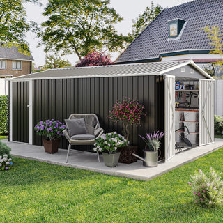 10×14 FT Heavy-Duty Metal Storage Shed with 3 Lockable Doors, 4 Vents & Sloped Roof – Outdoor Garden Tool Shed for Backyard, Patio & Lawn (Dark Grey)