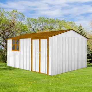 Mondawe 12ft x 10ft Metal Garden Storage Shed with Window, White & Yellow Outdoor Tool Shed for Backyard