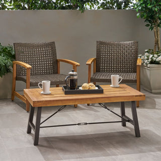 Outdoor Acacia Wood Coffee Table, Teak Finish with Rustic Brown & Black Metal Frame, 45.75" W x 27.25" D x 18" H