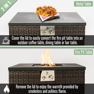 Outdoor Gas Fire Pit Square Dark Brown Wicker Fire Pit Table Propane Fire Table with Glass Rocks