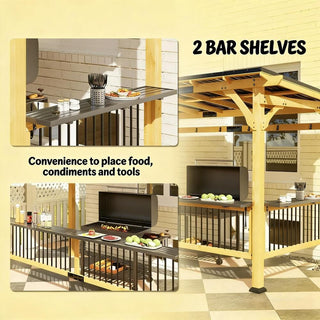 13ft x 6ft Outdoor Grill Gazebo with Metal Sloped Roof, Built-in Shelves & Hooks, Reinforced Painted Cedar Wood for Backyard Parties