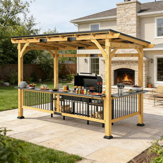 13ft x 6ft Outdoor Grill Gazebo with Metal Sloped Roof, Built-in Shelves & Hooks, Reinforced Painted Cedar Wood for Backyard Parties