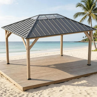 Cedarpinnacle 12X16 FT Hardtop Wood Gazebo with Galvanized Steel & PC Roof, UPF50+ Sun Protection for Patio