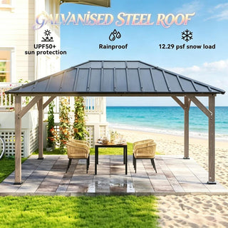 Cedarpinnacle 12X16 FT Hardtop Wood Gazebo with Galvanized Steel & PC Roof, UPF50+ Sun Protection for Patio