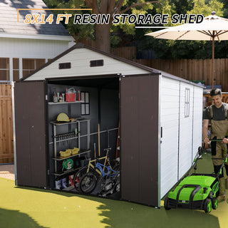 8x14x7.6 FT Outdoor Resin Storage Shed with Aluminum Frame, Floor & Windows for Garden and Backyard Storage