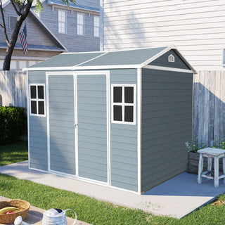 8 x 6 ft Resin Outdoor Storage Shed Waterproof Shed with Floor & Two Windows & Lockable Door, Tool Shed for Garden, Patio, Backyard,Grey/Black/White+Gray/Brown