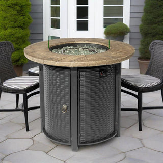 30" Propane Gas Fire Pit Table, 50000 BTU Round Steel Fire Pit with Imitation Wood Grain Finish for Outside Patio Deck Garden Backyard- Black