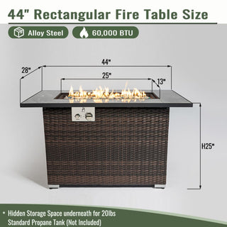 44" Propane Gas Fire Pit Table, 50000 BTU Rectangular Fire Pit, Tile Tabletop with Beautiful Wicker Base for Outside Patio Deck Garden Courtyard-Brown