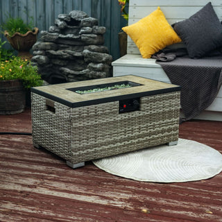32" Propane Gas Fire Pit Table with Propane Tank Cover 2-Pieces, 50000 BTU Rectangular Steel Fire Pit with Beautiful Wicker Base for Outside Garden-Beige/Dark Gray