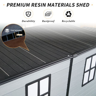 4x8 FT Outdoor Resin Storage Shed with Floor, 2 Windows & Lockable Door – Plastic Garden Shed for Tools, Bikes & Trash Cans