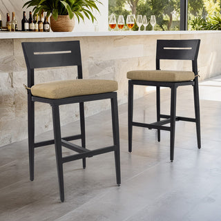 Modern 2-Piece Outdoor Aluminum Bar Stools with Sunbrella Cushions – Ergonomic Patio Bar Chairs in Black/Beige/Red