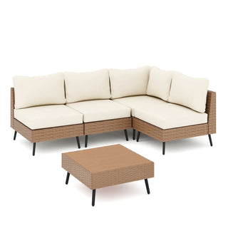 5 Pieces All-Weather PE Wicker Outdoor Sectional Sofa Set, Rattan Patio Conversation Set with Thick Cushions and Coffee Table