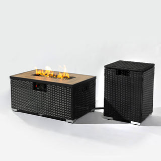 32" Propane Gas Fire Pit Table with Propane Tank Cover 2-Pieces, 50000 BTU Rectangular Steel Fire Pit with Beautiful Wicker Base for Outside Garden-Beige/Dark Gray