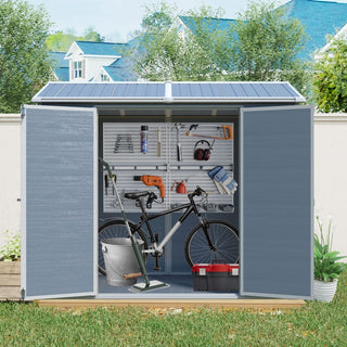 Outdoor Storage Shed with Two-Window and Double-Door, Plastic Shed with Floor for Gargen,Patio,Yard,Lawn,Black/Grey