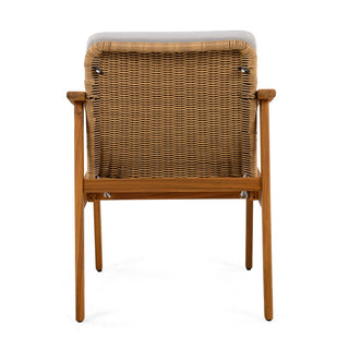 Outdoor Dining Chairs Set of 2, Teak Color Acacia Wood Frame, Brown PE Wicker, Grey Waterproof Cushion