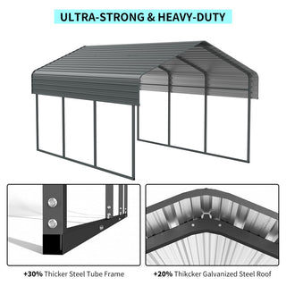 10x15/12x20 FT Heavy Duty Metal Carport with Galvanized Steel Roof and Reinforced Base for Cars, Boats & Trucks