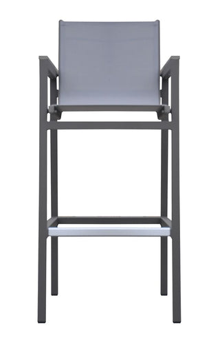 Outdoor Patio Barstool in Gray Powder Coated Finish with Gray Sling Textilene and Gray Wood Accent Arms
