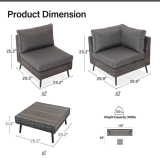 5 Pieces All-Weather PE Wicker Outdoor Sectional Sofa Set, Rattan Patio Conversation Set with Thick Cushions and Coffee Table