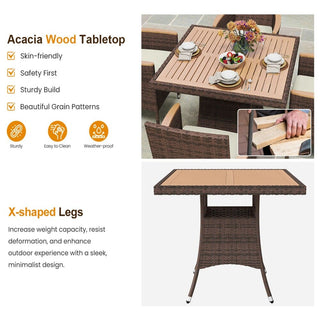 1-Piece All-Weather Brown Square Rattan Patio Dining Table with Acacia Wood