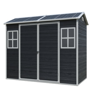 Outdoor Storage Shed with Two-Window and Double-Door, Plastic Shed with Floor for Gargen,Patio,Yard,Lawn,Black/Grey