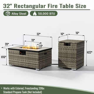 32" Propane Gas Fire Pit Table with Propane Tank Cover 2-Pieces, 50000 BTU Rectangular Steel Fire Pit with Beautiful Wicker Base for Outside Garden-Beige/Dark Gray