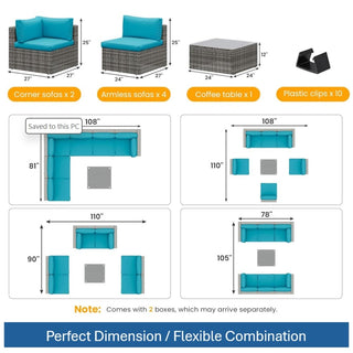 7-Piece All-Weather Gray Wicker Couch Patio Set with Removable Light Blue Cushions and Glass Coffee Table for Patio, Poolside & Backyard
