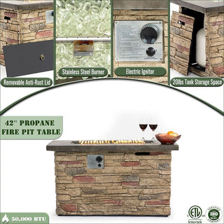 42" Propane Gas Fire Pit Table, 50000 BTU Rectangular Concrete Fire Pit for Outside Patio Deck Garden Backyard