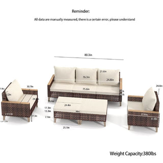 High footed hollowed out rattan terrace furniture set, 5 pieces, 7 seats, sofa set with cushion, 4-inch thick cushion