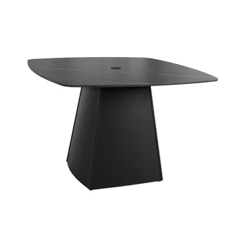 Modern 44" Rounded Square Outdoor Dining Table – Black Sintered Stone Top with Flared Aluminum Pyramid Base