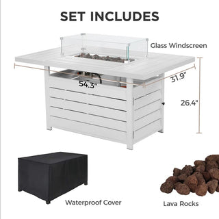 54.3 Inches Outdoor Patio White/Dark Grey/Black Aluminum Fire Pit Table, 50000 BTU CSA Certified Propane Gas Fire Pit, Rectangular Fire Table w/Stainless Burner, Lava Rock, Waterproof Cover