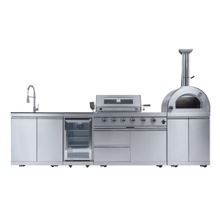 Outdoor Kitchen Island with 120,000 BTU Double Grill, Pizza Oven, Fridge, Rotisserie & Granite Countertops