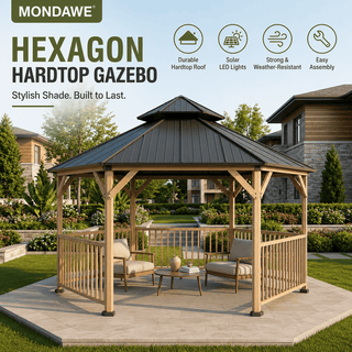 Hexagon Hardtop Gazebo with Solar LED Light – Modern Outdoor Patio Gazebo for Backyard