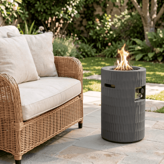 26-Inch Propane Fire Pit, 40,000 BTU Outdoor Gas Fire Pit with Hidden 20-Lb Tank Storage, Textured Concrete Fire Column, Lava Rocks & Waterproof Cover